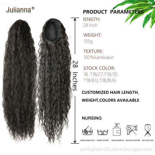 Julianna Wholesale 28Inch Kanekalon Fibre Straight Water Wave Hair Ready To Synthetic Hair Yaki Ponytails